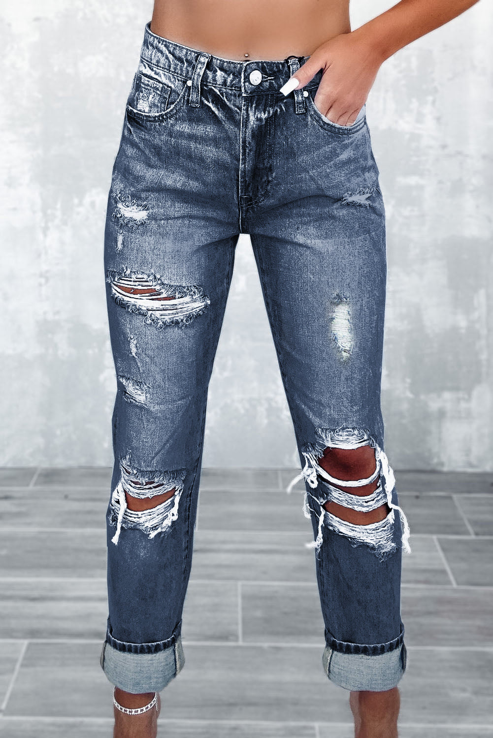 Sky Blue Light Wash Frayed Slim Fit High Waist Jeans - Cowaa