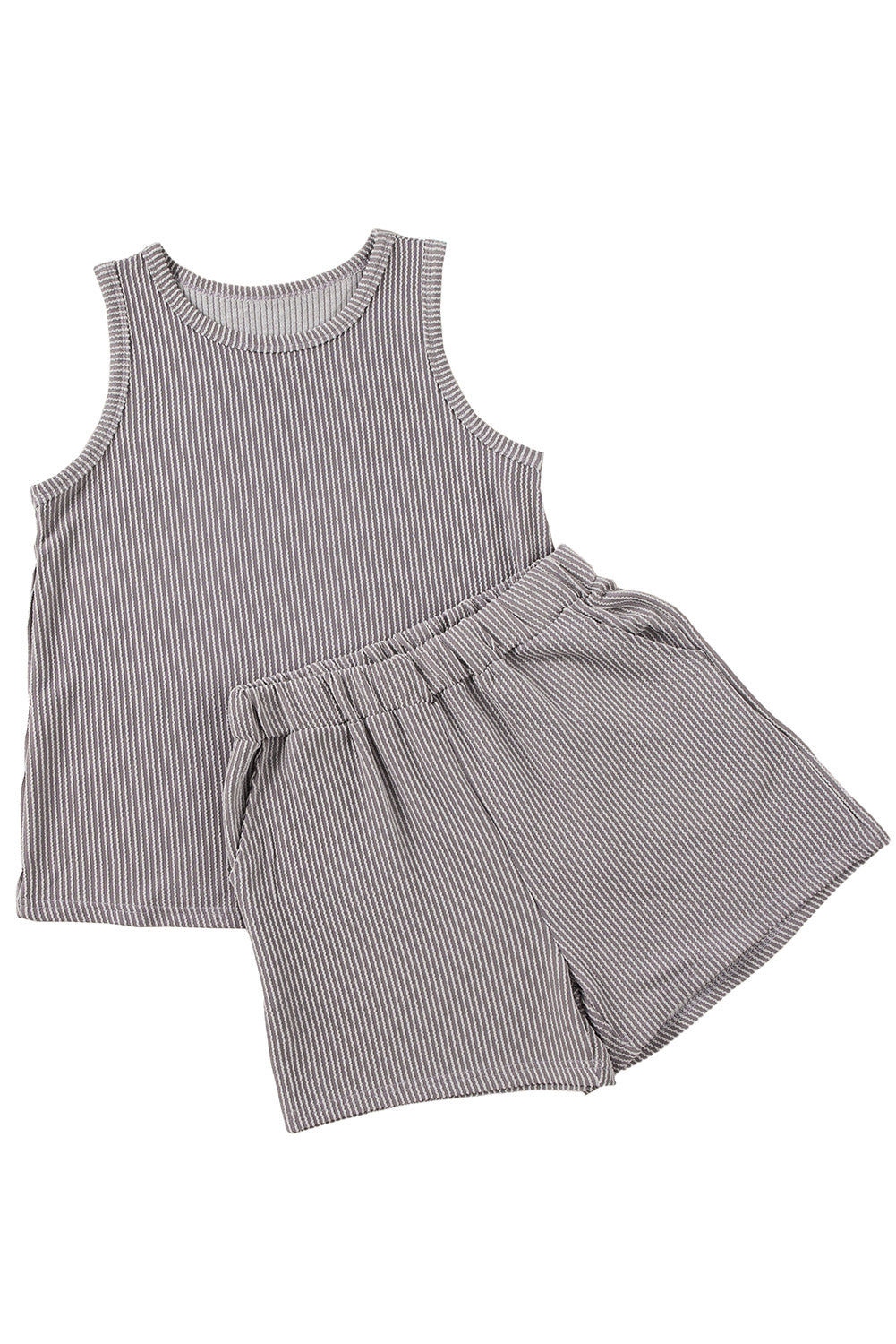 Medium Grey Corded Sleeveless Top and Pocketed Shorts Set - Cowaa
