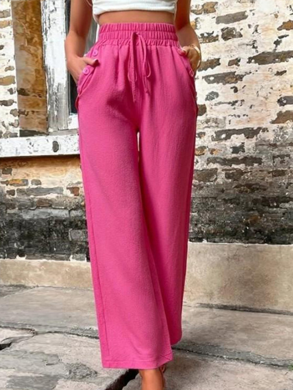 Tied High Waist Wide Leg Pants with Pockets - Cowaa