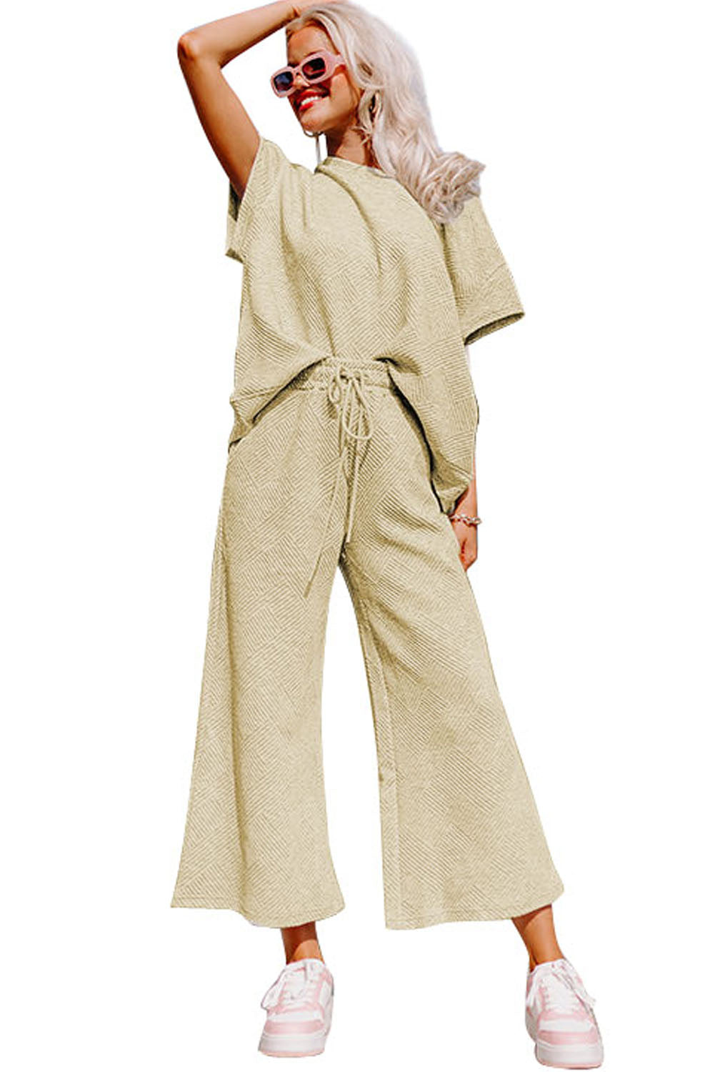 Navy Blue Textured Loose Fit T Shirt and Drawstring Pants Set - Cowaa