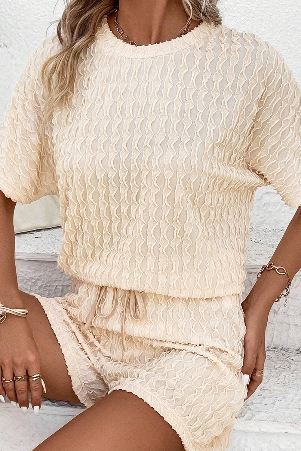 Beige Textured Tee & Drawstring Shorts Set - Cowaa