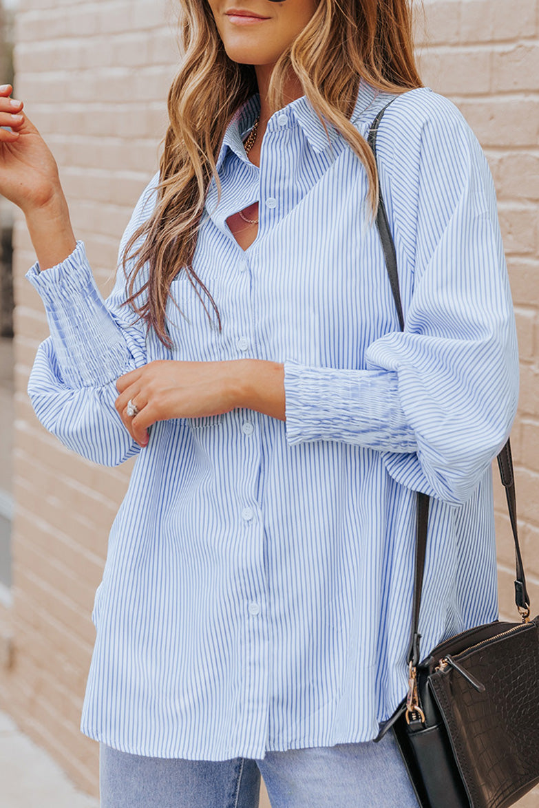 Black Striped Casual Shirred Cuffs Shirt - Cowaa