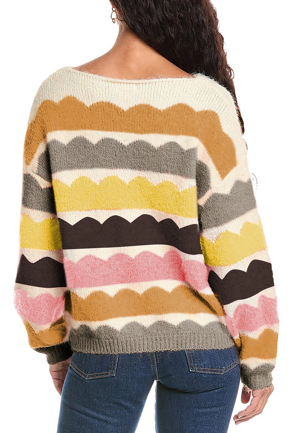 Dark Blue Wave Striped Balloon Sleeve Drop Shoulder Sweater - Cowaa