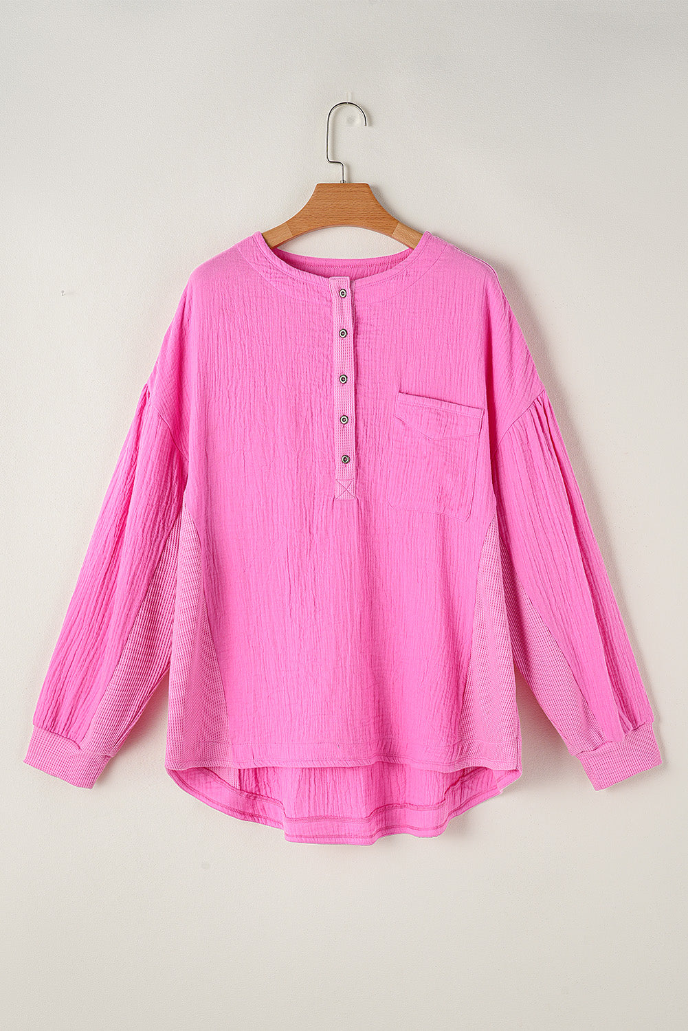 Bonbon Half Buttons Chest Pocket Drop Sleeve Plus Size Top - Cowaa