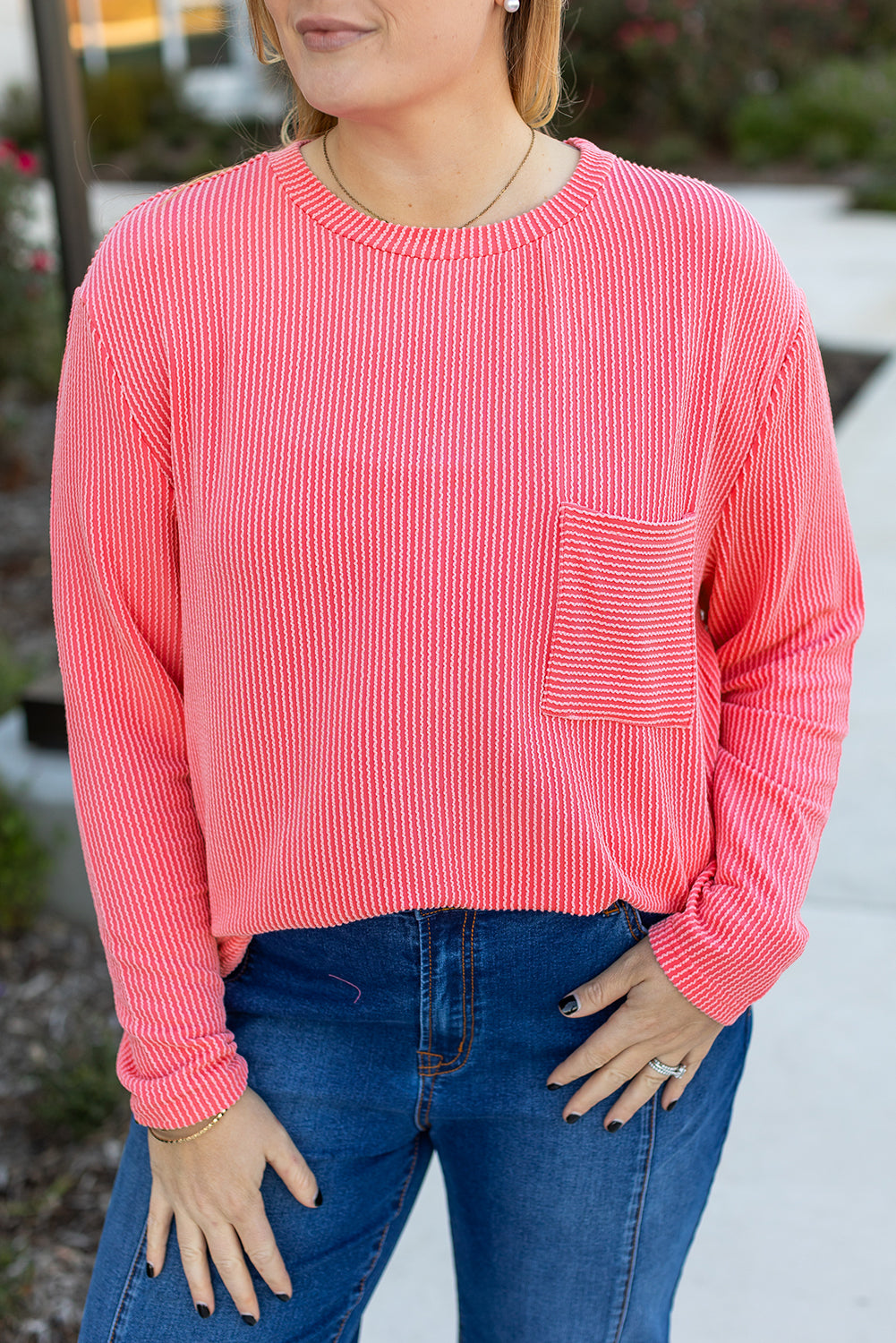 Peach Blossom Plus Size Ribbed Textured Long Sleeve T Shirt - Cowaa