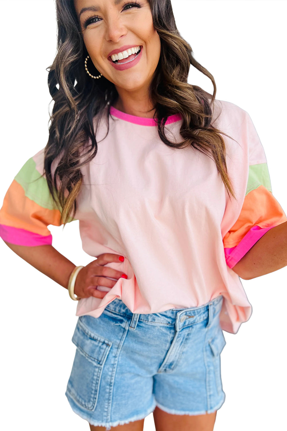 Green Color Block Sleeve Round Neck Oversize Top - Cowaa