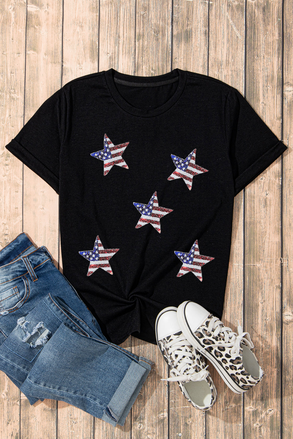 Sequin American Flag Star Graphic T Shirt - Cowaa