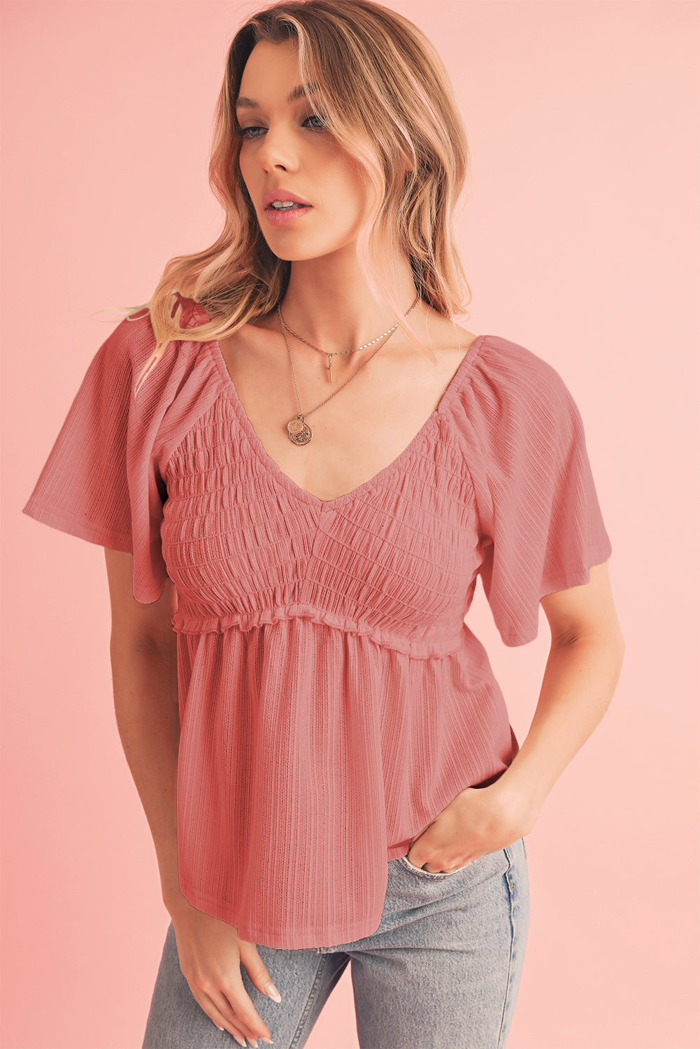Oatmeal Shirred V Neck Short Flutter Sleeve Textured Blouse - Cowaa