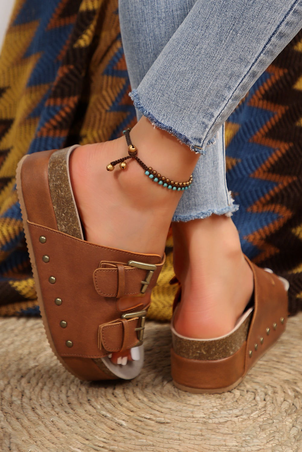 Chestnut Dual Buckle Studded Vintage Platform Sandals - Cowaa