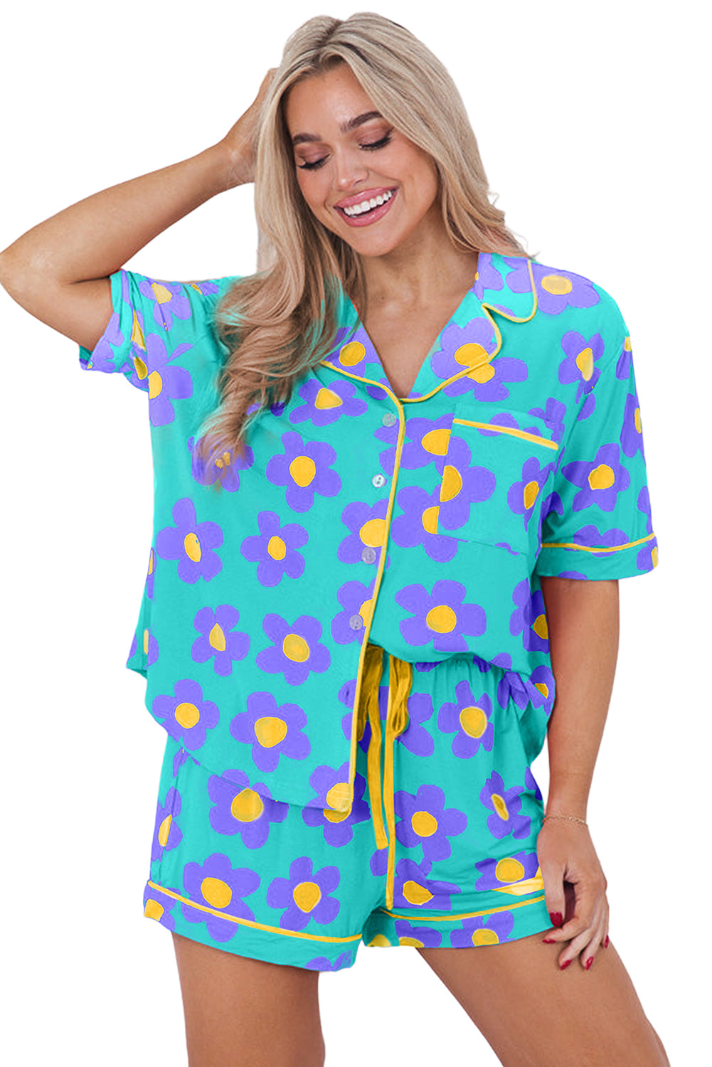 Green Flower Print Buttoned Shirt and Drawstring Waist Pajama Set - Cowaa