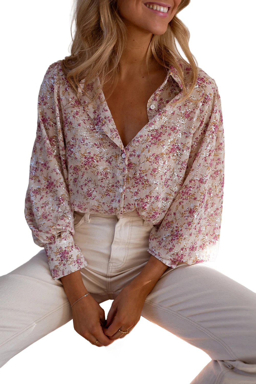 Pink Ditsy Floral Print Bishop Sleeve Collared V Neck Shirt - Cowaa