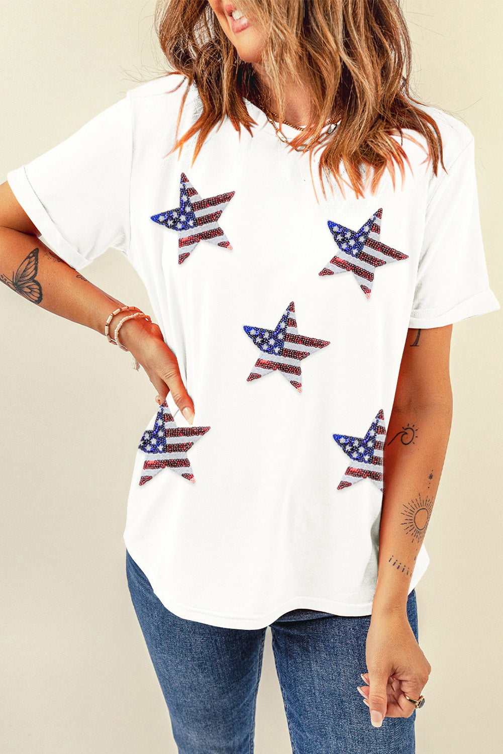 Sequin American Flag Star Graphic T Shirt - Cowaa