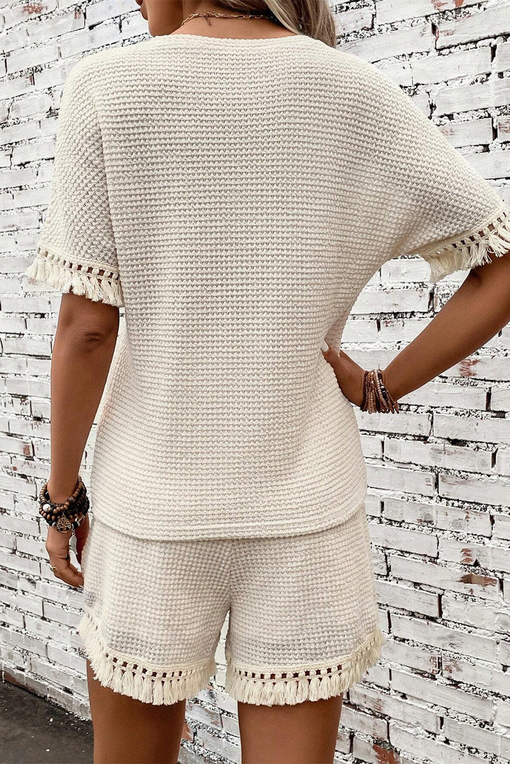 Beige Fringe Trim Waffle Knit Textured Shorts Set - Cowaa