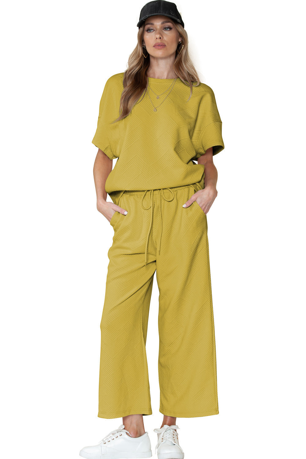 Navy Blue Textured Loose Fit T Shirt and Drawstring Pants Set - Cowaa