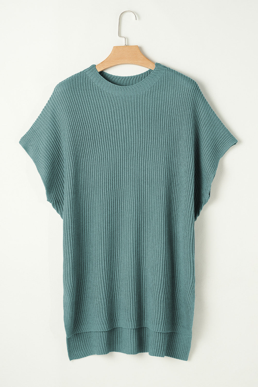 Rose Red Side Slit Short Sleeve Oversized Sweater - Cowaa