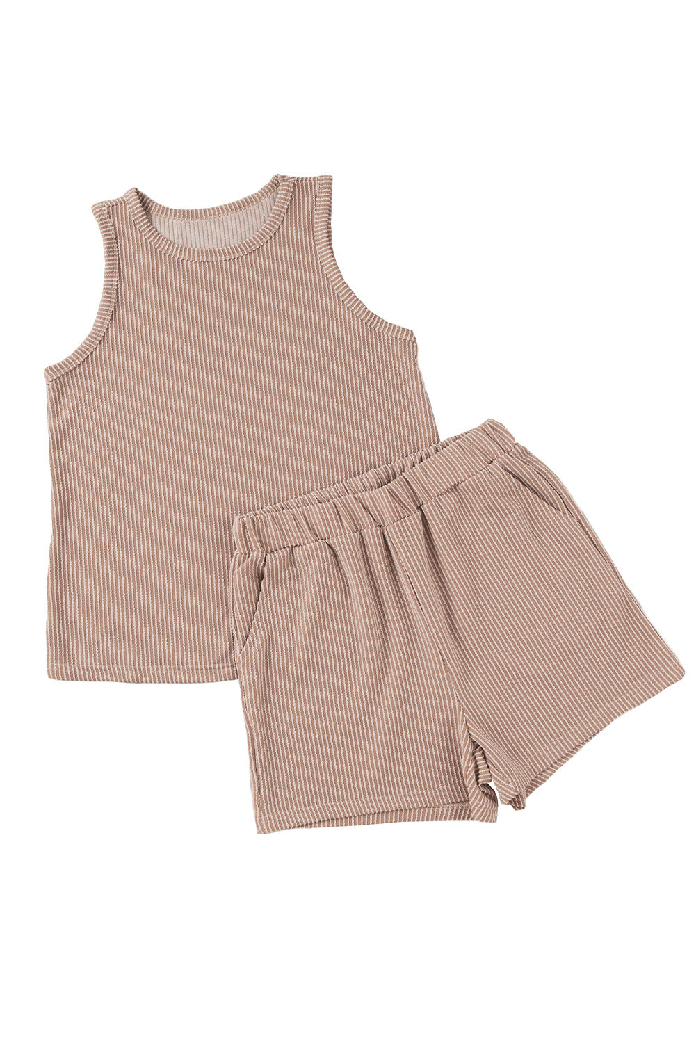 Medium Grey Corded Sleeveless Top and Pocketed Shorts Set - Cowaa