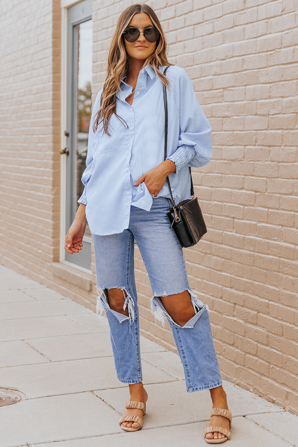 Black Striped Casual Shirred Cuffs Shirt - Cowaa