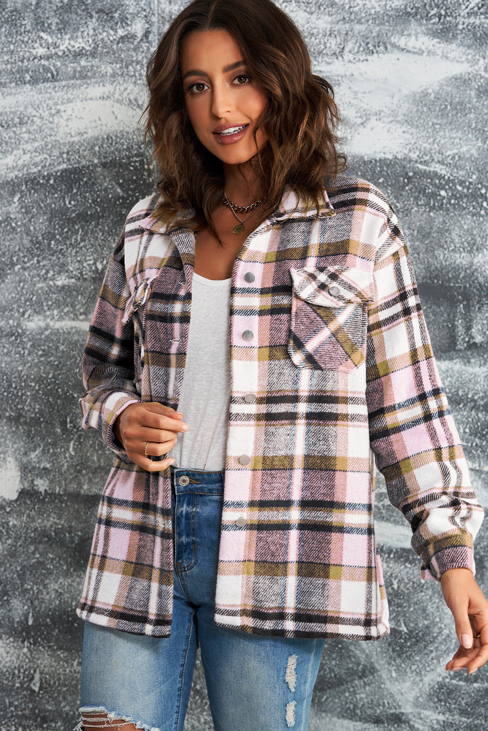 Plaid Button Front Pocket Shirt Shacket - Cowaa