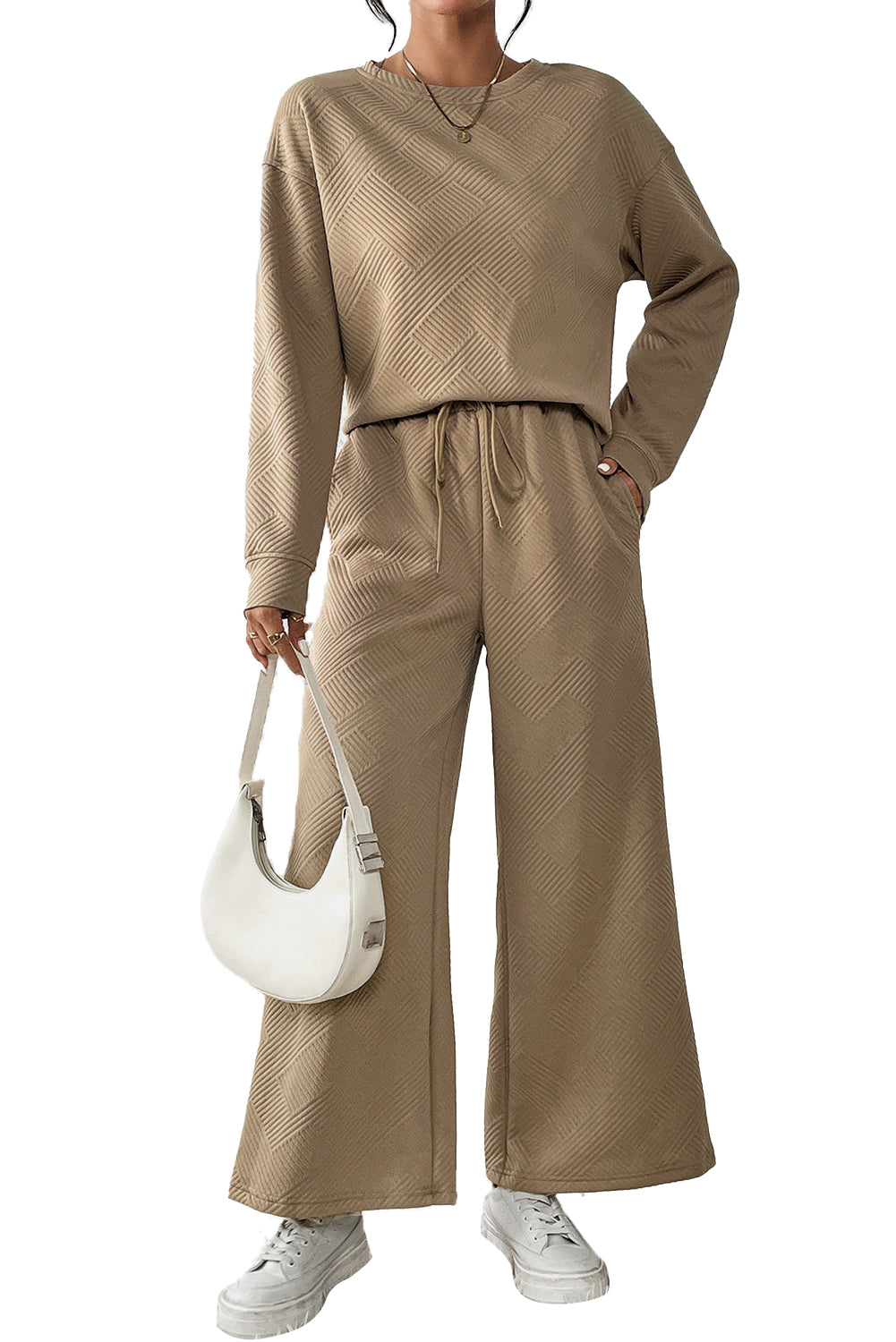 Strawberry Pink Textured Loose Slouchy Long Sleeve Top and Pants Set - Cowaa
