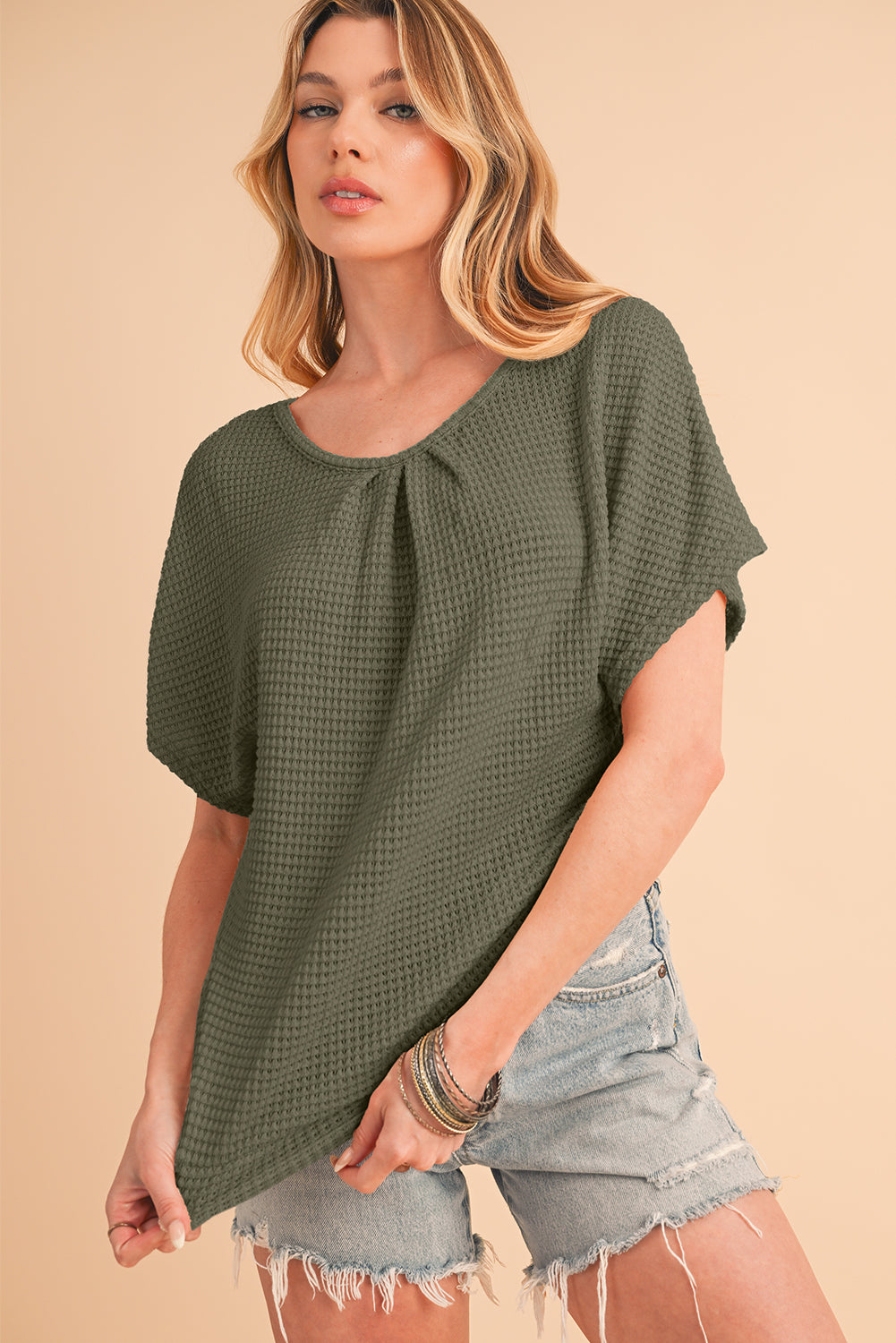 Oatmeal Guipure Lace Splicing Back Waffle Textured T-shirt - Cowaa