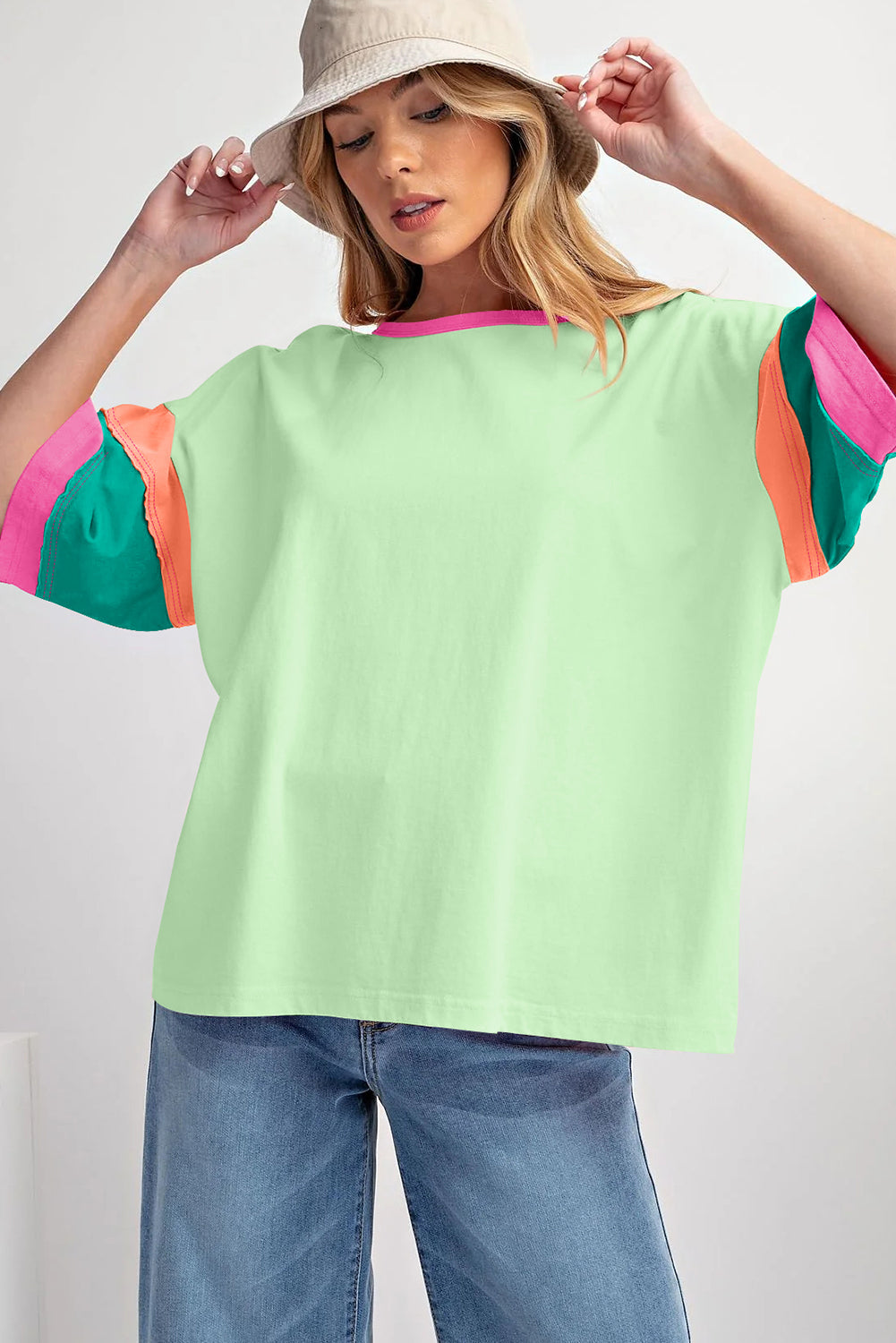 Green Color Block Sleeve Round Neck Oversize Top - Cowaa