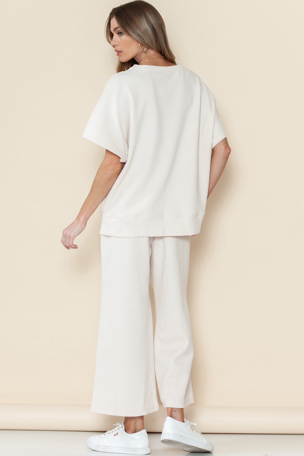 Navy Blue Textured Loose Fit T Shirt and Drawstring Pants Set - Cowaa