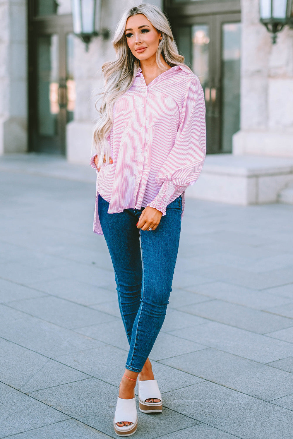 Black Striped Casual Shirred Cuffs Shirt - Cowaa
