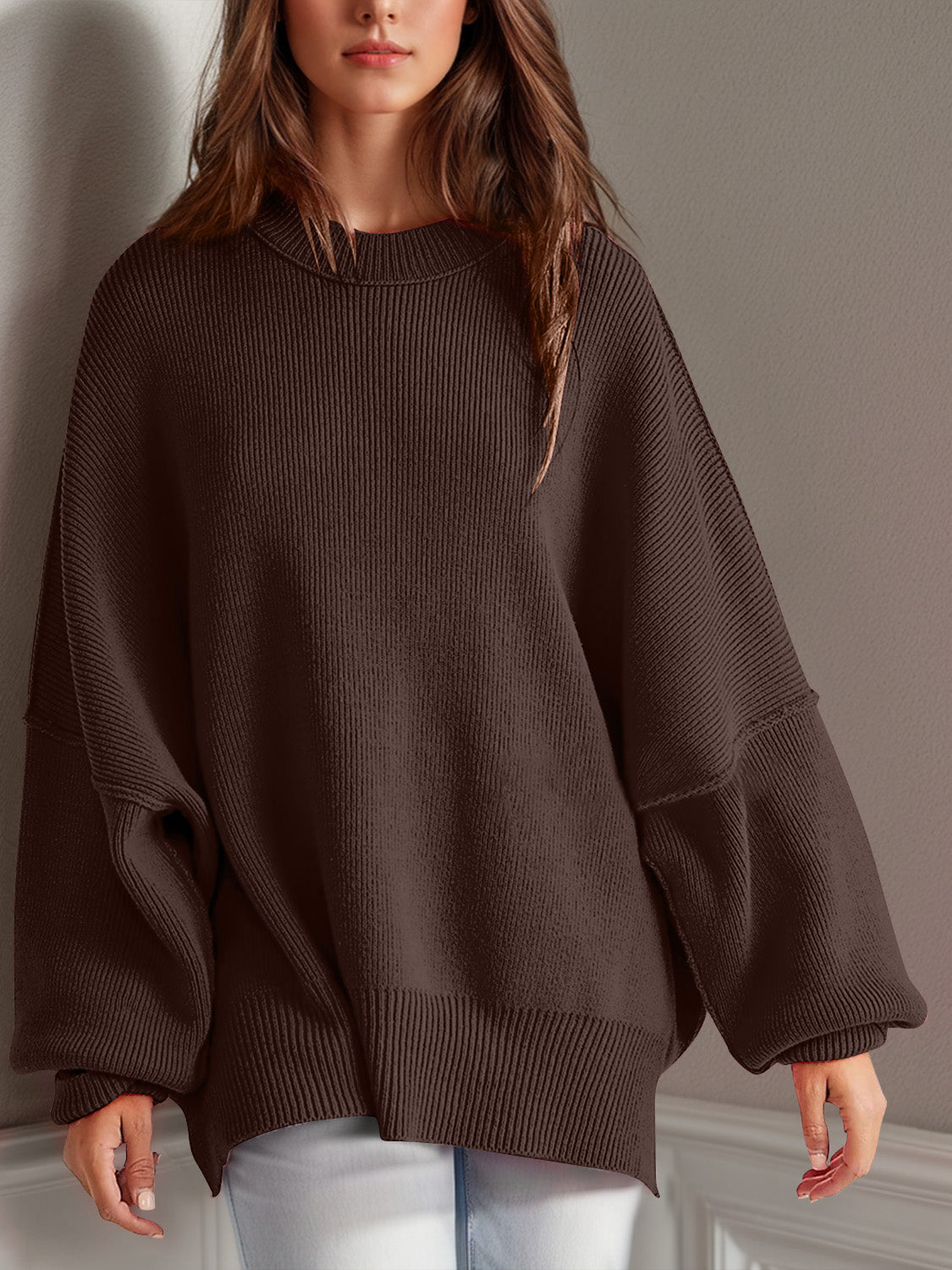 Double Take Side Slit Round Neck Long Sleeve Sweater - Cowaa