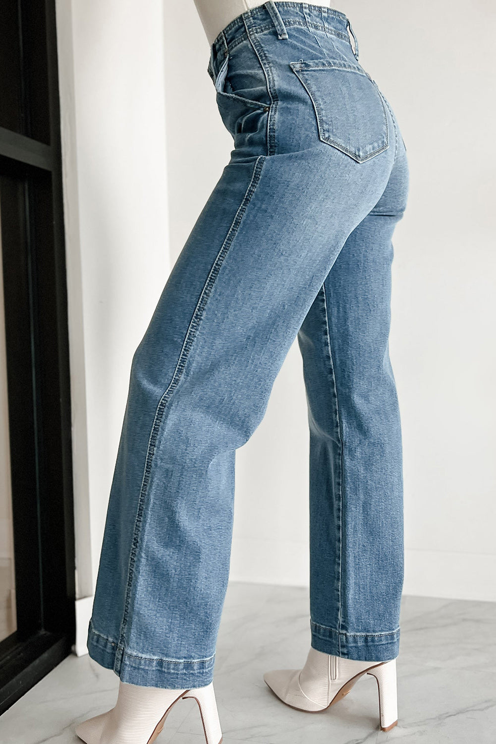 Dusk Blue Multi Button Waist Wash Straight Leg Jeans - Cowaa