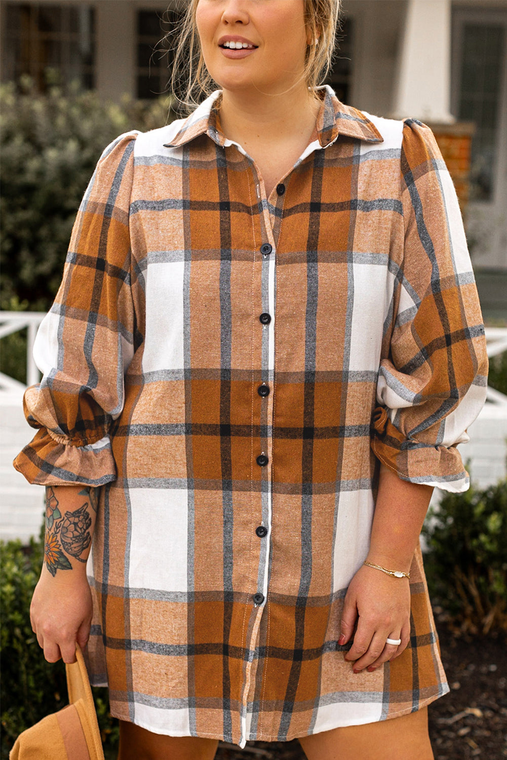 Khaki Plus Size Plaid Flounce Sleeve Button up Shirt Dress - Cowaa