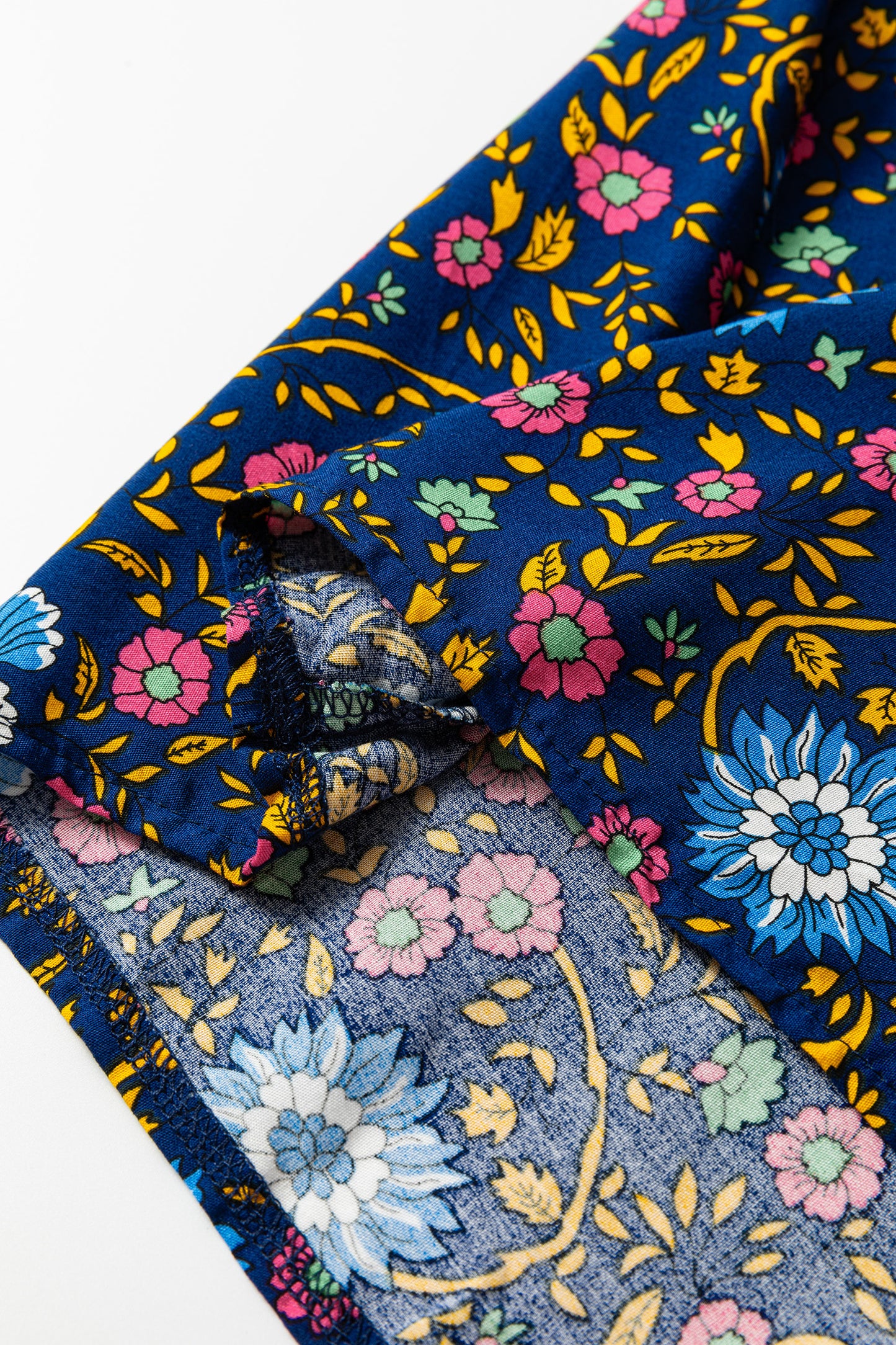 Blue Bohemian Floral Print Tassel Tie Front Long Sleeve Blouse - Cowaa