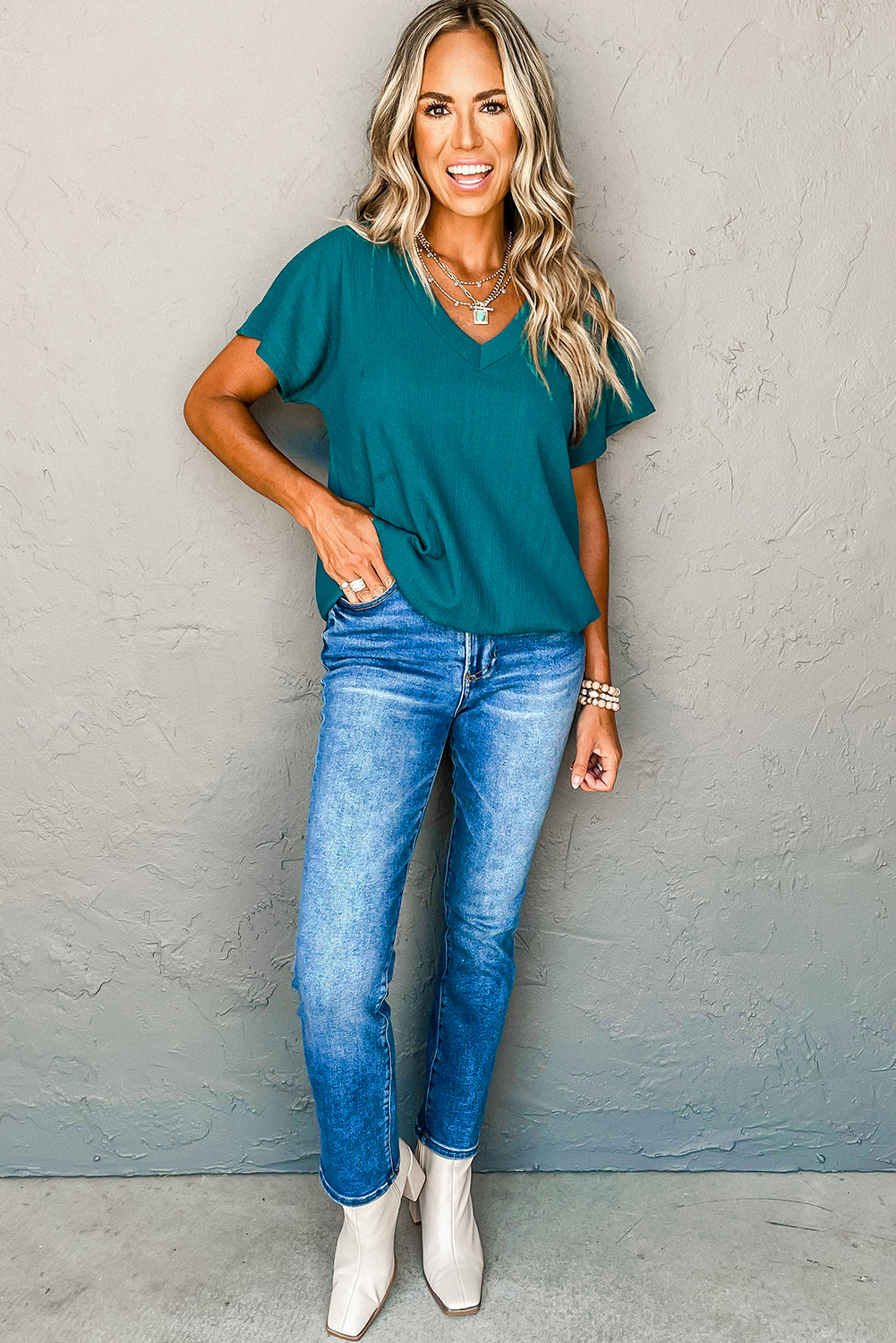 Black Plain Crinkled V Neck Short Sleeve Blouse - Cowaa