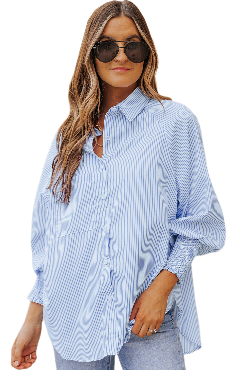 Black Striped Casual Shirred Cuffs Shirt - Cowaa