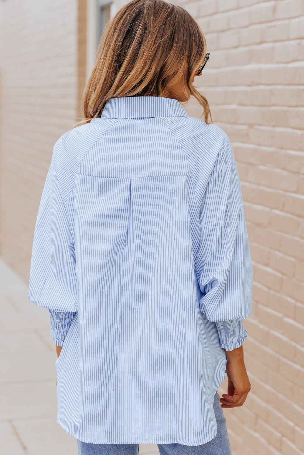 Black Striped Casual Shirred Cuffs Shirt - Cowaa