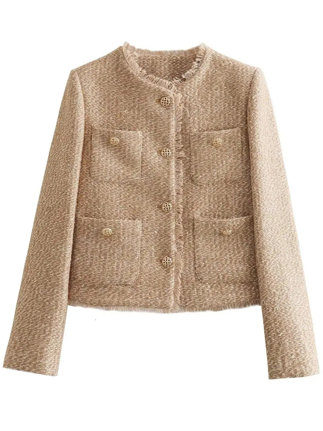 Raw Hem Pocketed Round Neck Jacket - Cowaa