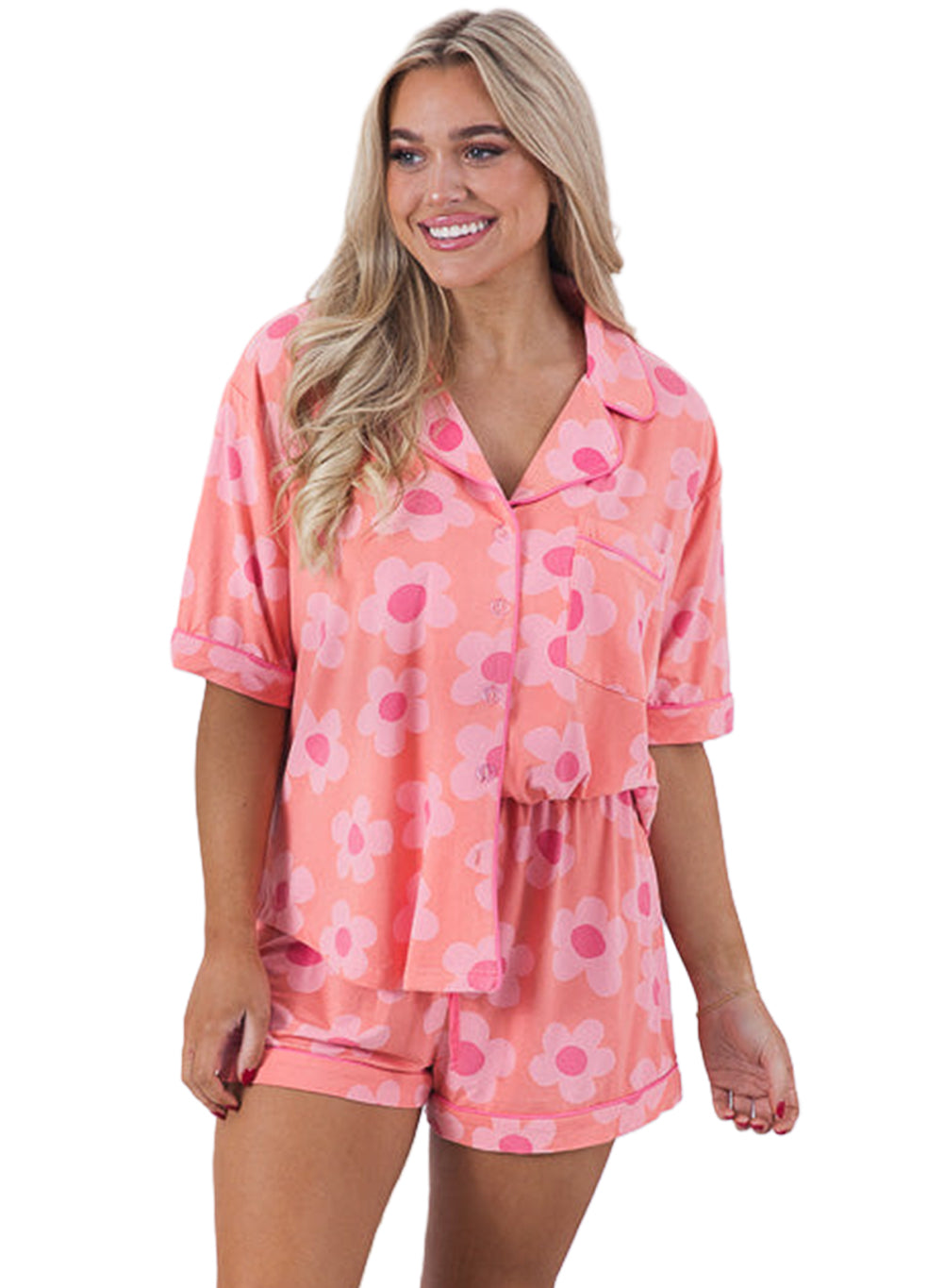Green Flower Print Buttoned Shirt and Drawstring Waist Pajama Set - Cowaa