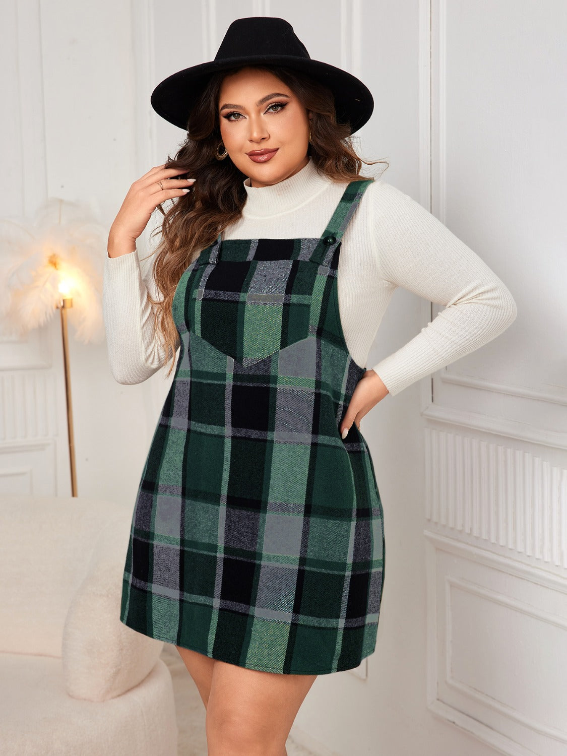 Plus Size Plaid Wide Strap Overall Dress - Cowaa