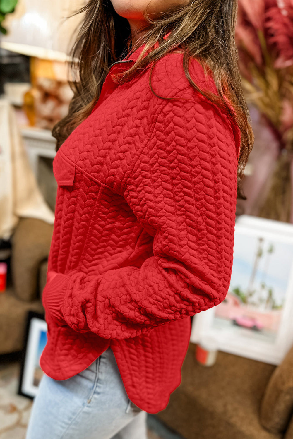 Tomato Red Cable Textured Quarter Zip Pocketed Plus Size Pullover - Cowaa