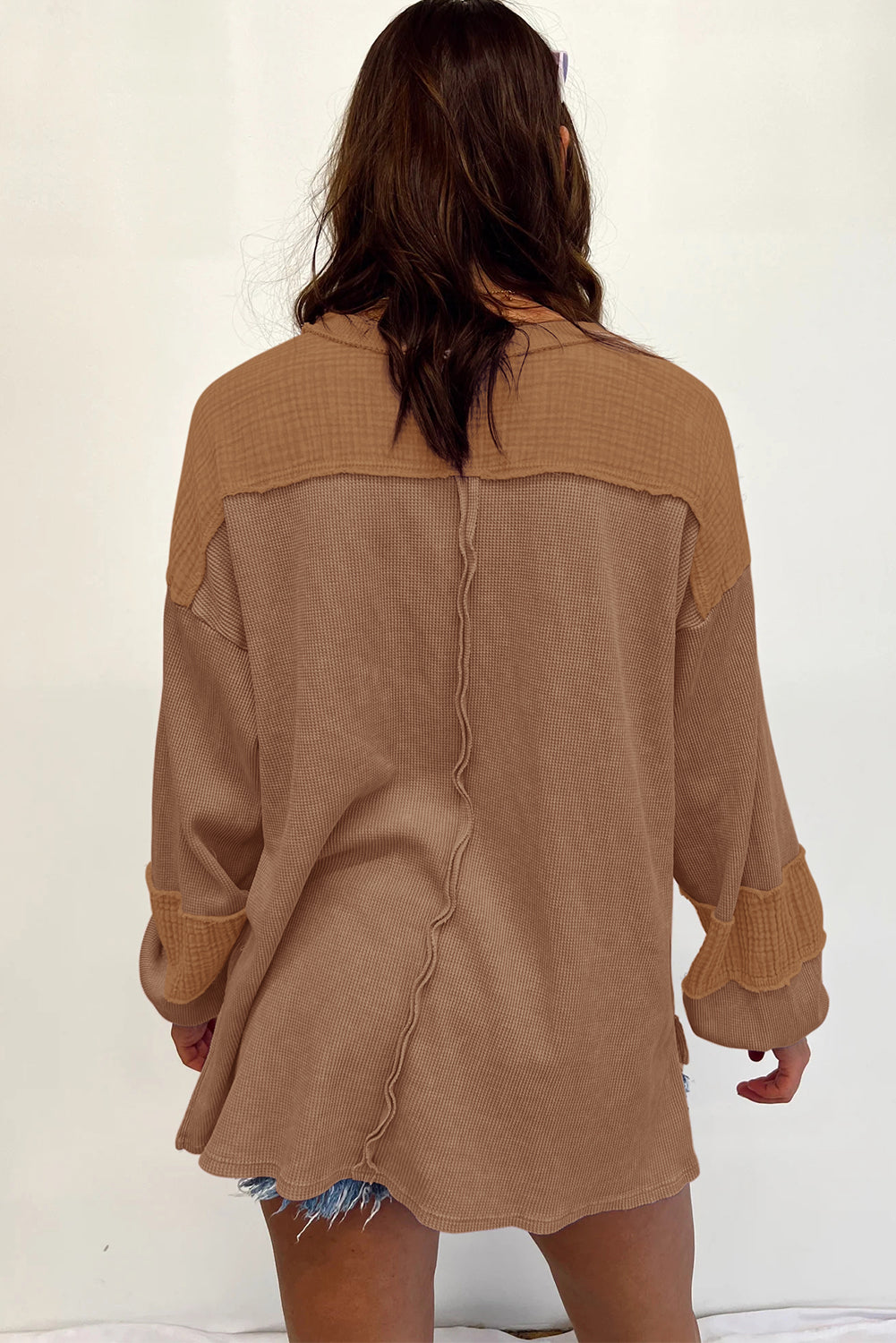 Crinkle Patchwork Long Sleeve Top - Cowaa