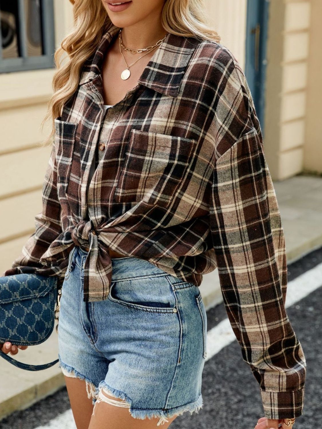 Plaid Collared Neck Long Sleeve Shirt - Cowaa