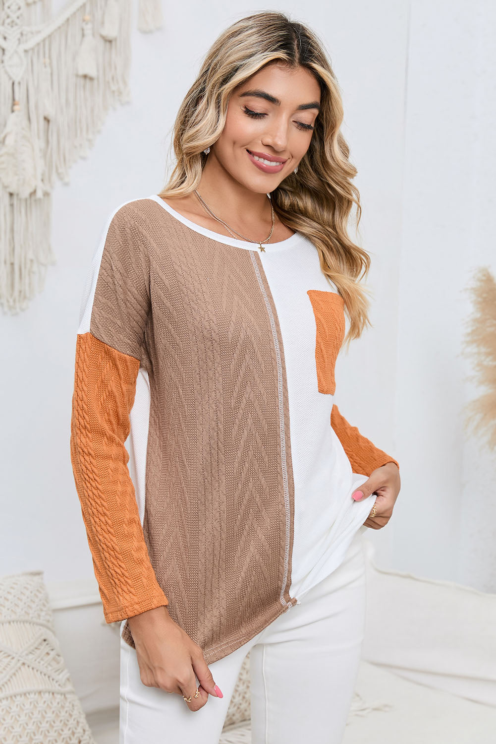 Long Sleeve Colorblock Chest Pocket Textured Knit Top - Cowaa