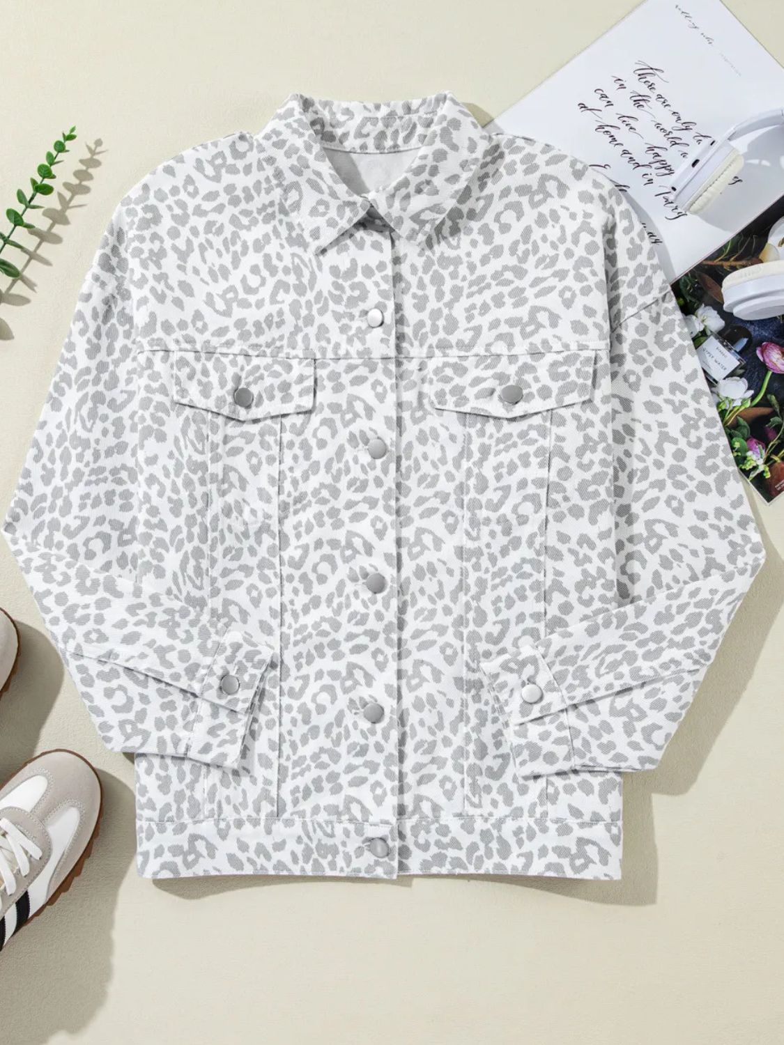 Leopard Button Up Long Sleeve Denim Jacket - Cowaa