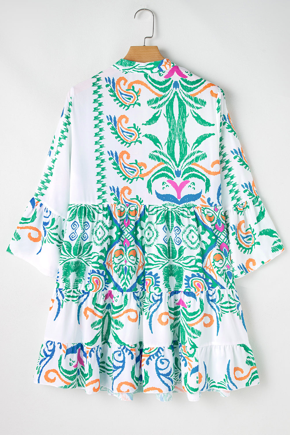 White Ethnic Print Boho Button Tiered Mini Dress - Cowaa