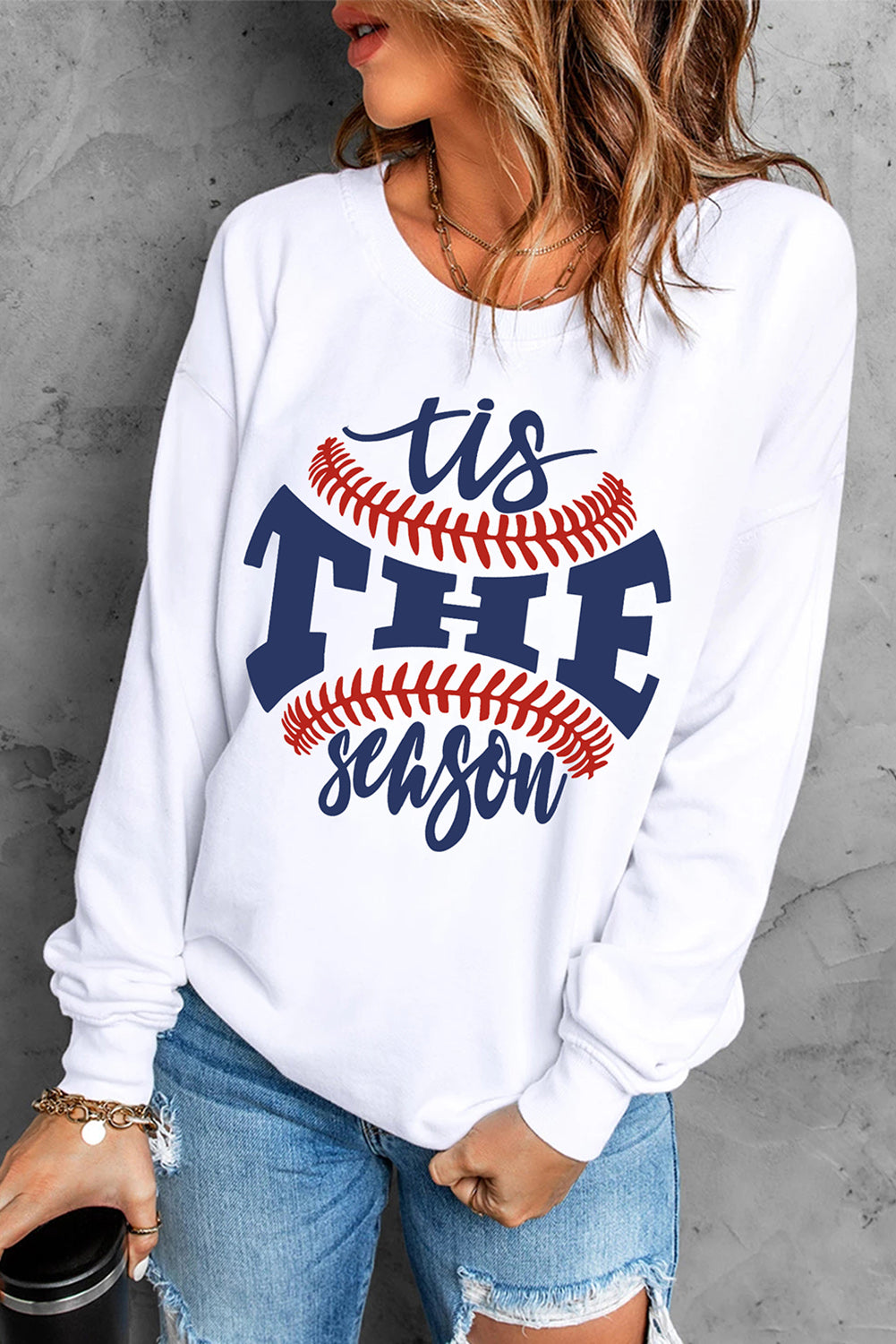 White Casual Letter Print Baseball Graphic Sweatshirt - Cowaa