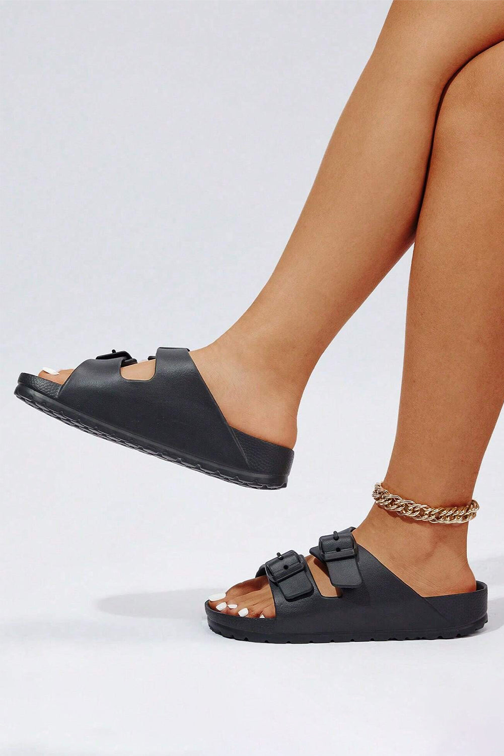 Double Buckle Strap Flat Sandels - Cowaa
