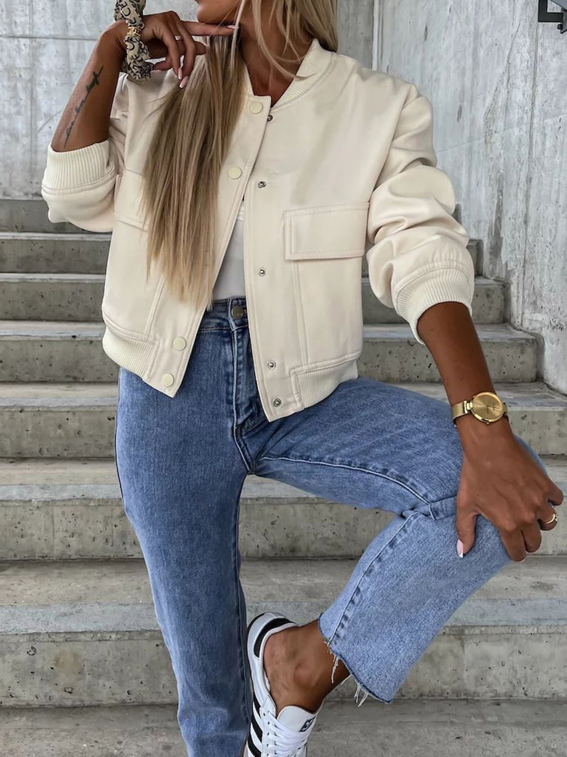Baseball Collar Dropped Shoulder Jacket - Cowaa