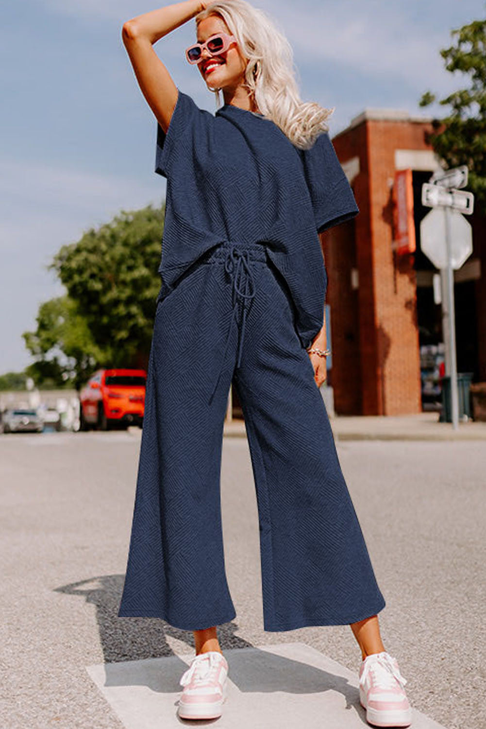 Navy Blue Textured Loose Fit T Shirt and Drawstring Pants Set - Cowaa