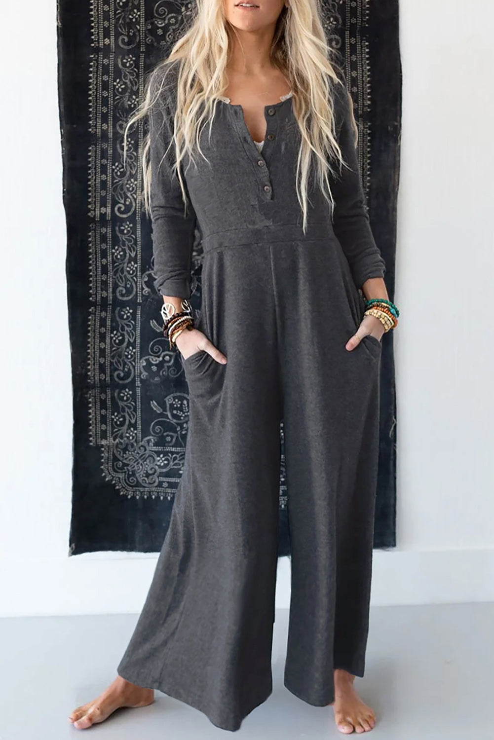 Dark Grey Henley Long Sleeve Wide Leg Jumpsuit with Pockets - Cowaa