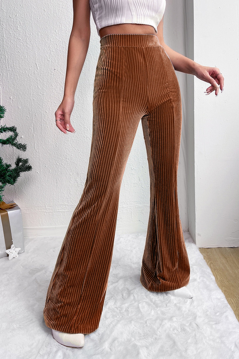 High Waist Corduroy Flare Pants - Cowaa