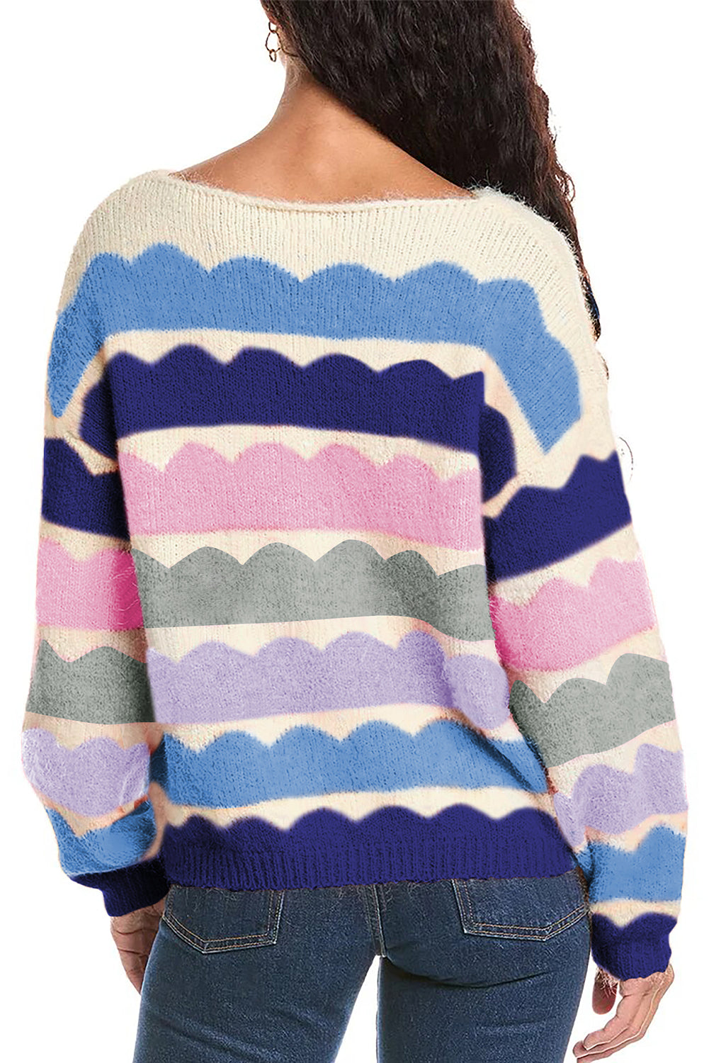 Dark Blue Wave Striped Balloon Sleeve Drop Shoulder Sweater - Cowaa